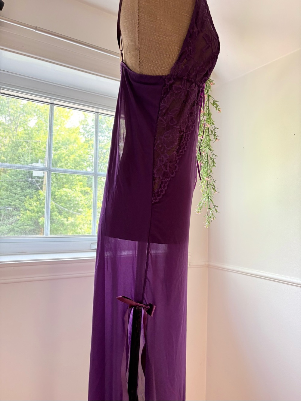 Purple Lace Sheer Maxi Slip Dress with Rose Accent - Picture 4 of 6